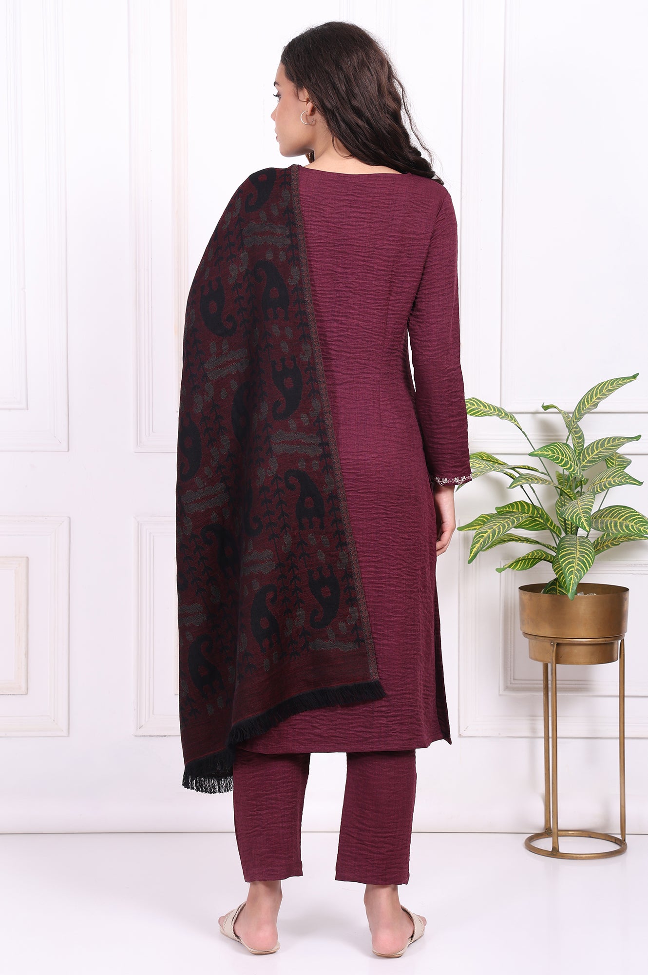 Maroon Embroidered Straight Kurta with Straight Pant and Dupatta Set