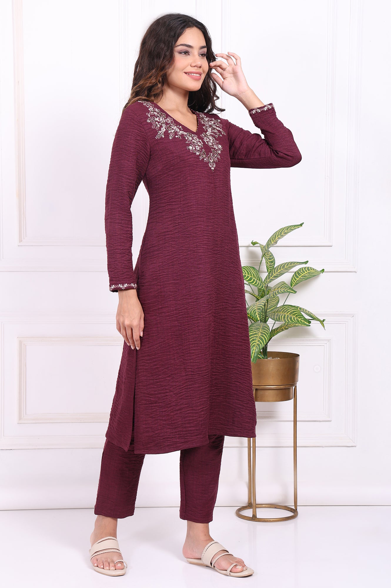 Maroon Embroidered Straight Kurta with Straight Pant and Dupatta Set