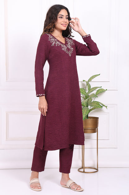 Maroon Embroidered Straight Kurta with Straight Pant and Dupatta Set