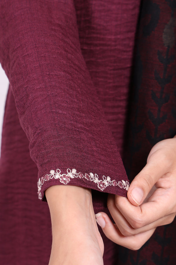 Maroon Embroidered Straight Kurta with Straight Pant and Dupatta Set