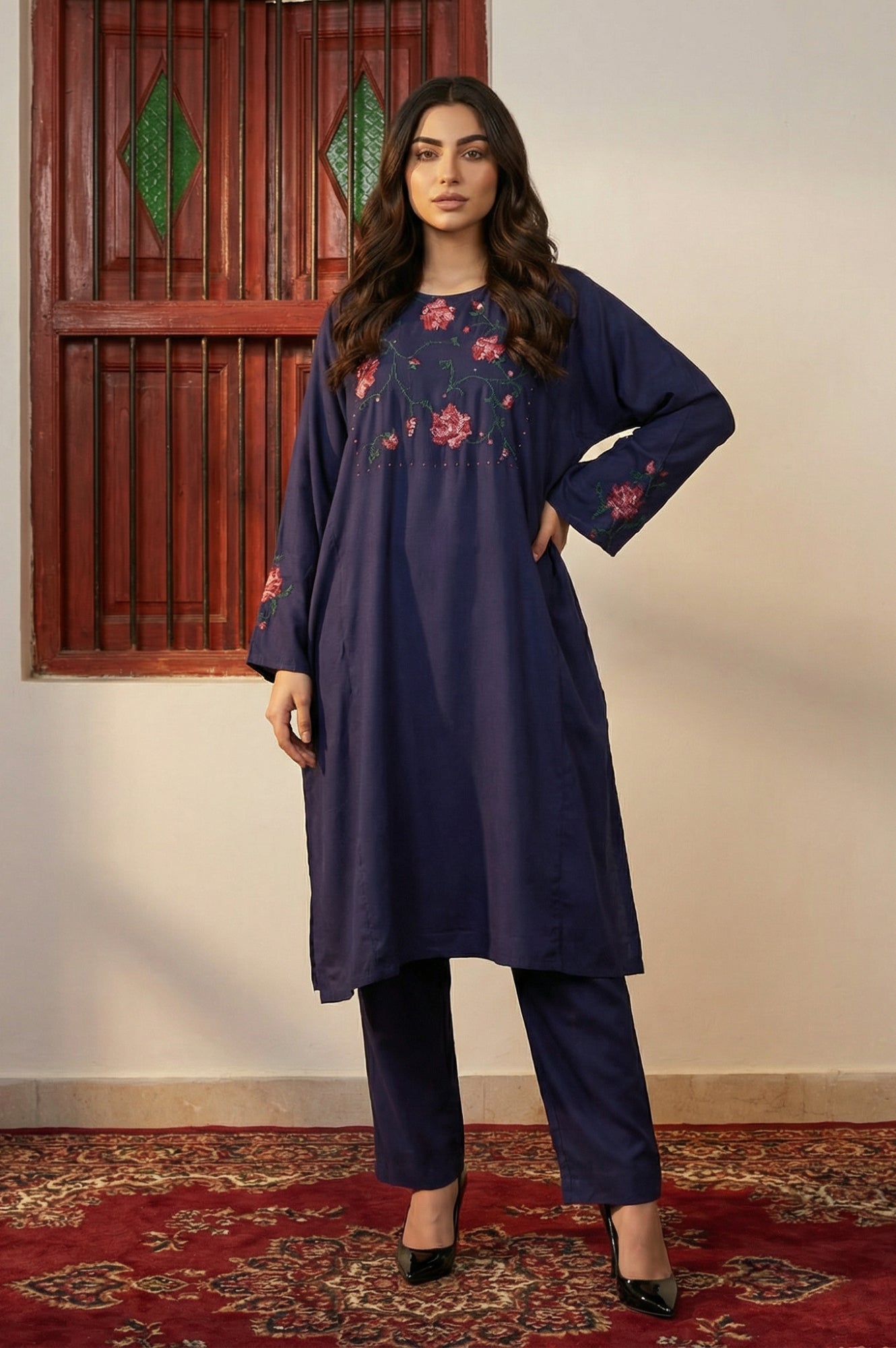 Navy Blue Thread Embroidered Straight Kurta with Pants Co-ord Set