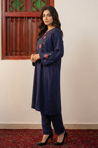 Navy Blue Thread Embroidered Straight Kurta with Pants Co-ord Set