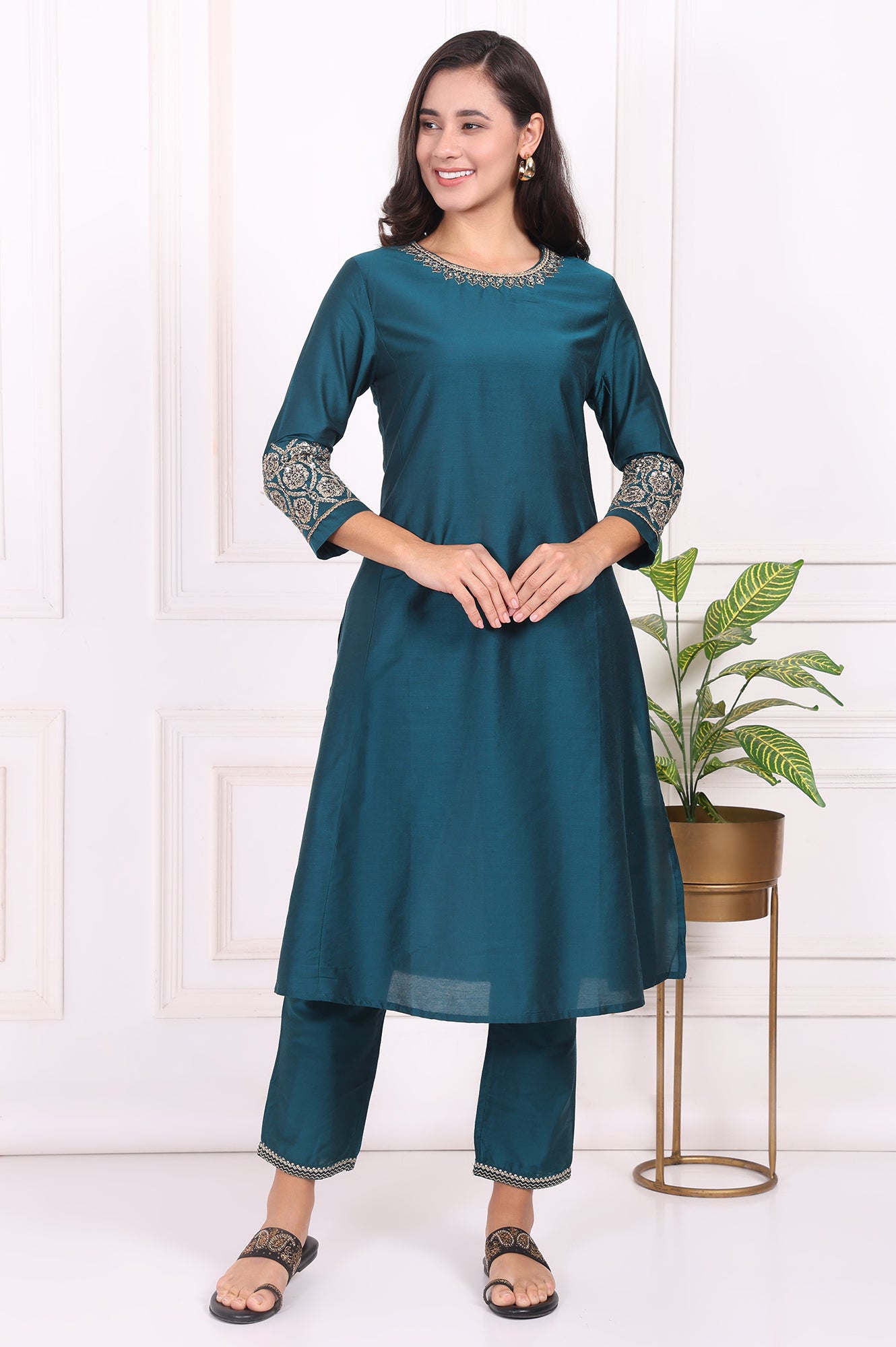 Teal Solid Embroidered Straight Kurta and Straight Pants Set