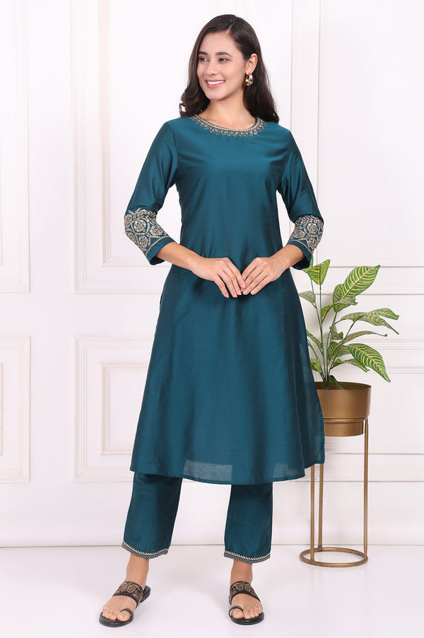Teal Solid Embroidered Straight Kurta and Straight Pants Set