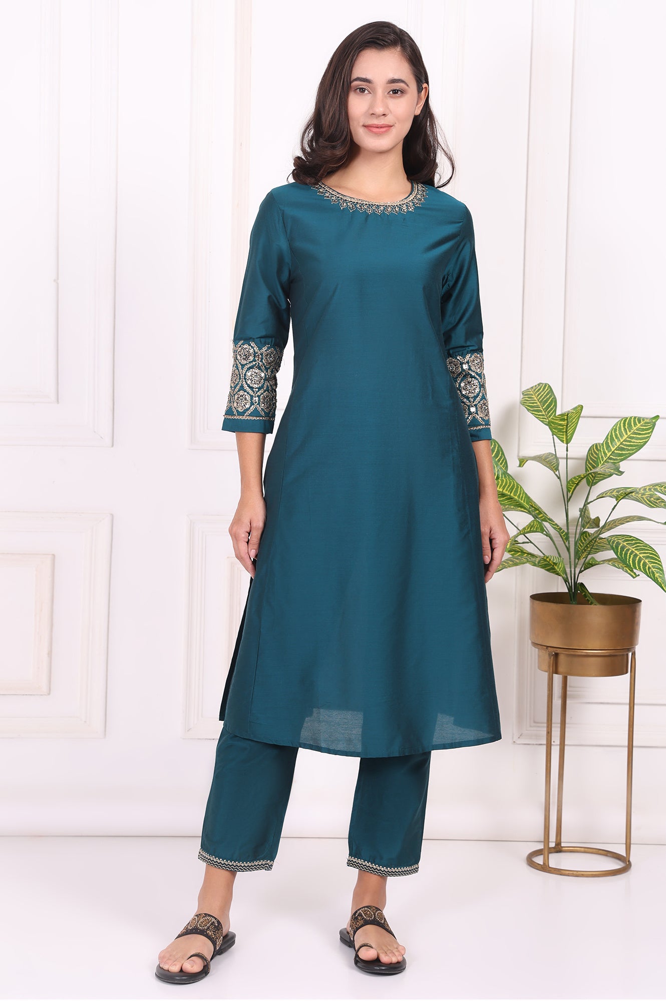 Teal Solid Embroidered Straight Kurta and Straight Pants Set