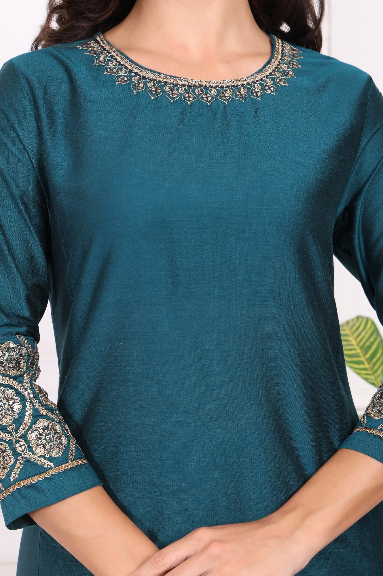 Teal Solid Embroidered Straight Kurta and Straight Pants Set