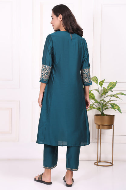 Teal Solid Embroidered Straight Kurta and Straight Pants Set