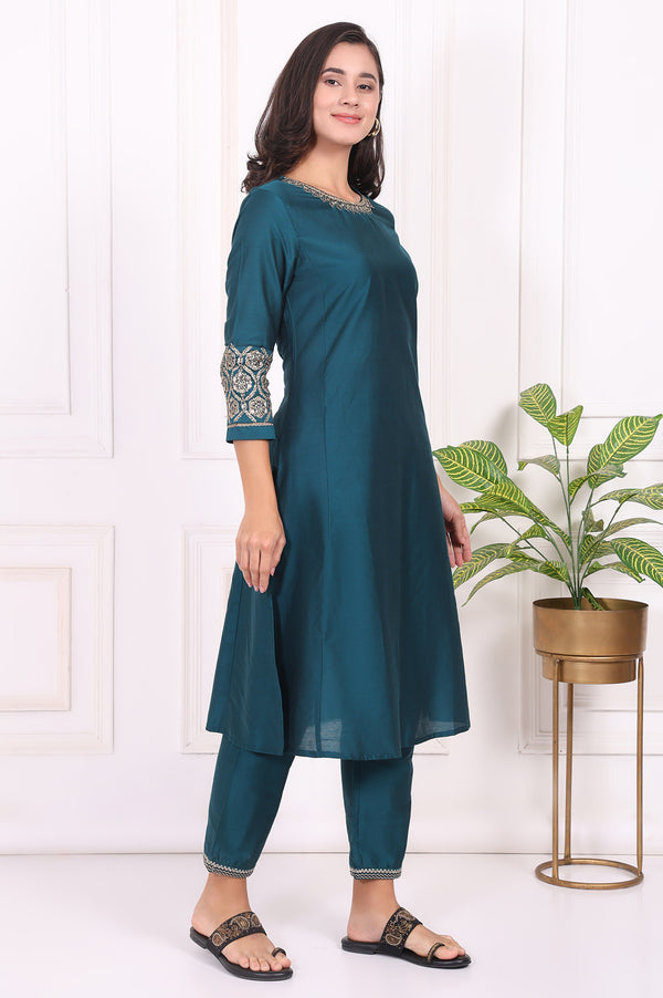 Teal Solid Embroidered Straight Kurta and Straight Pants Set