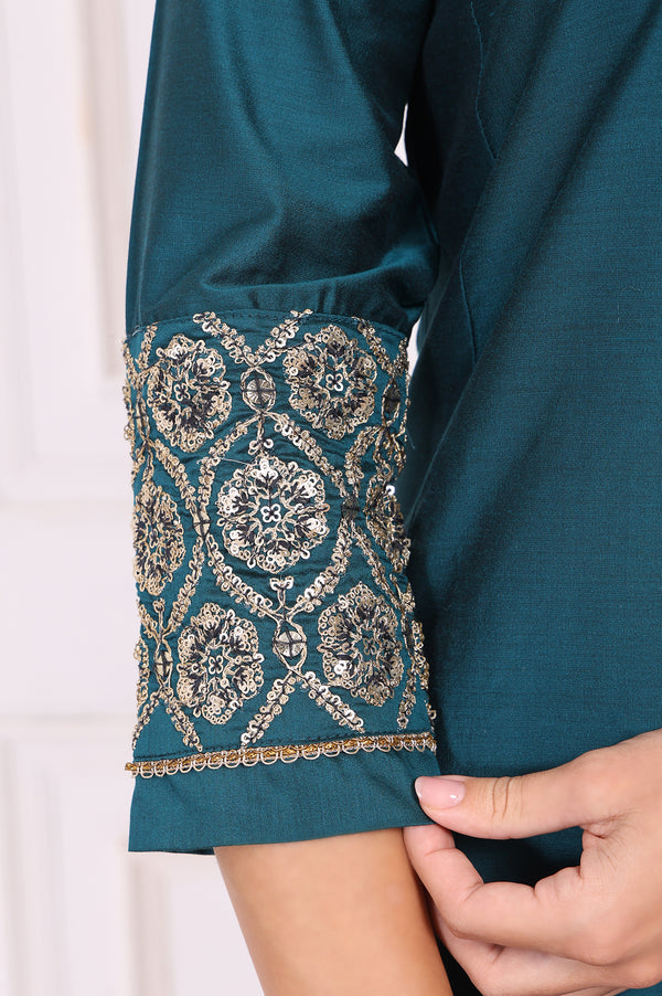 Teal Solid Embroidered Straight Kurta and Straight Pants Set