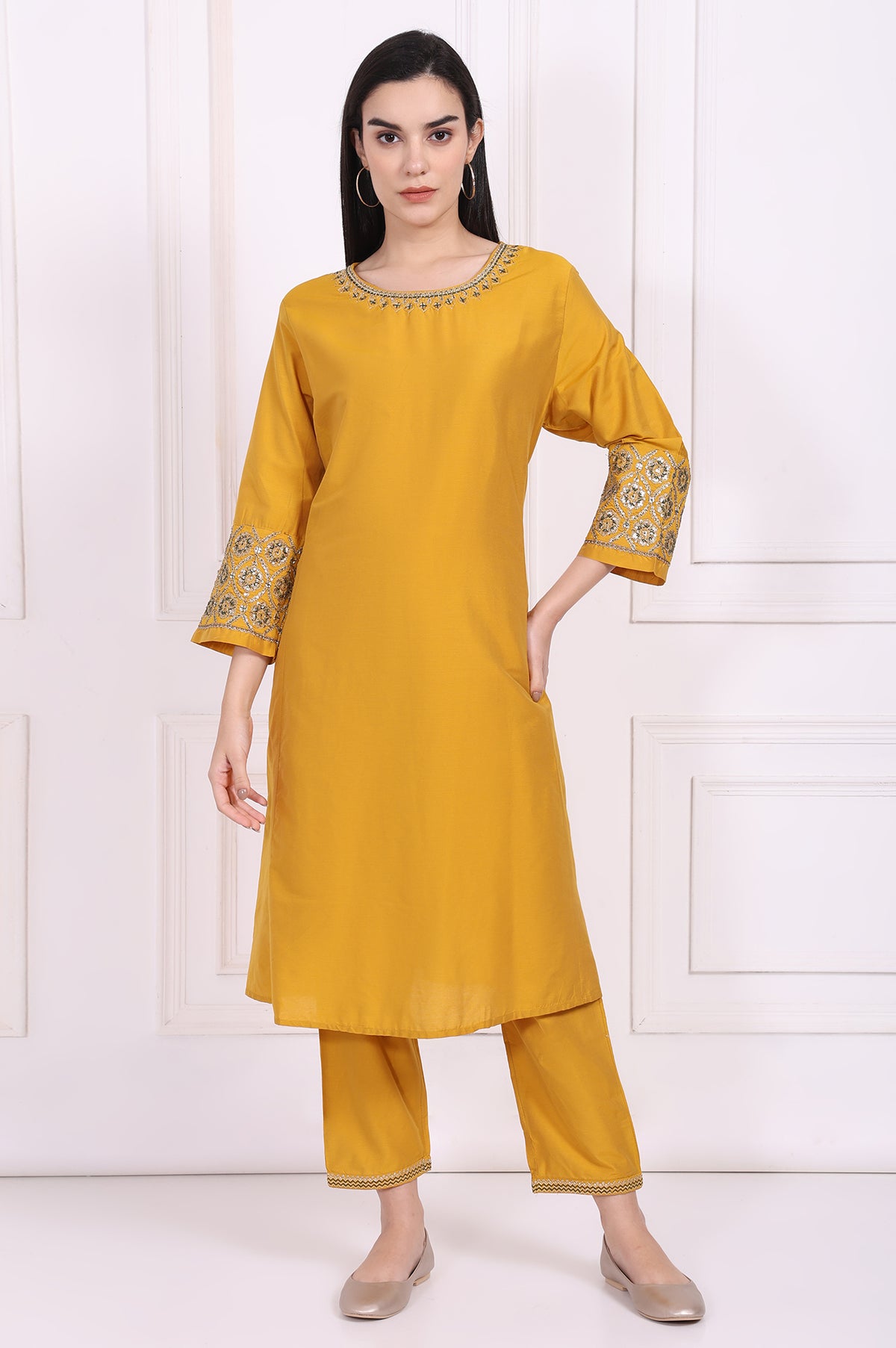 Yellow Embroidered A-Line Rayon Kurta with Straight Pant - XS