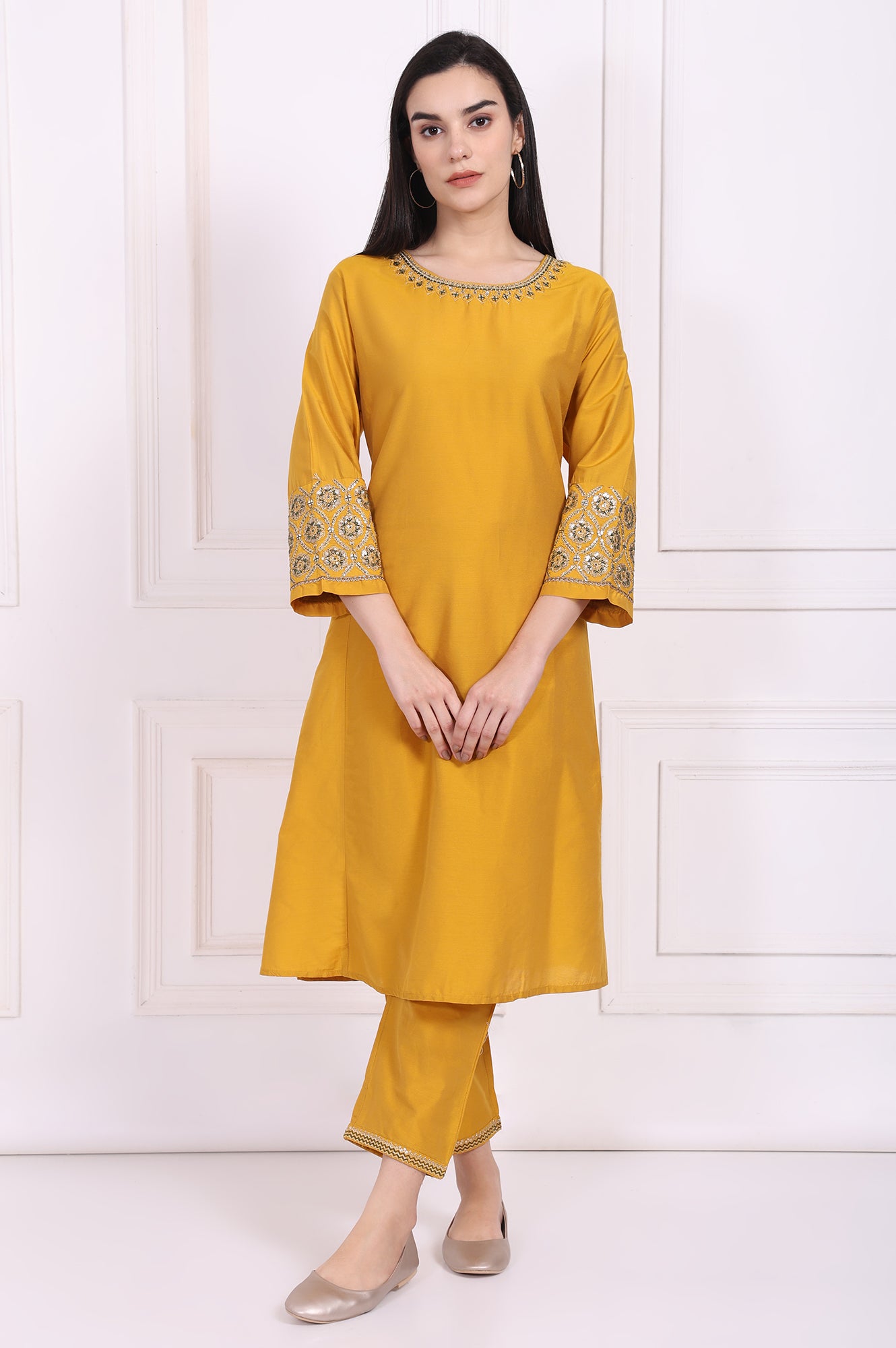 Yellow Embroidered A-Line Rayon Kurta with Straight Pant