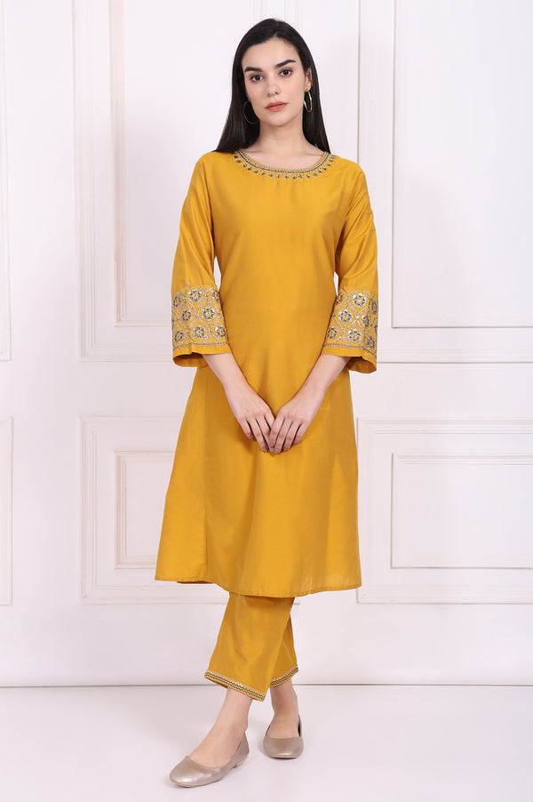 Yellow Embroidered A-Line Rayon Kurta with Straight Pant