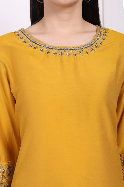 Yellow Embroidered A-Line Rayon Kurta with Straight Pant