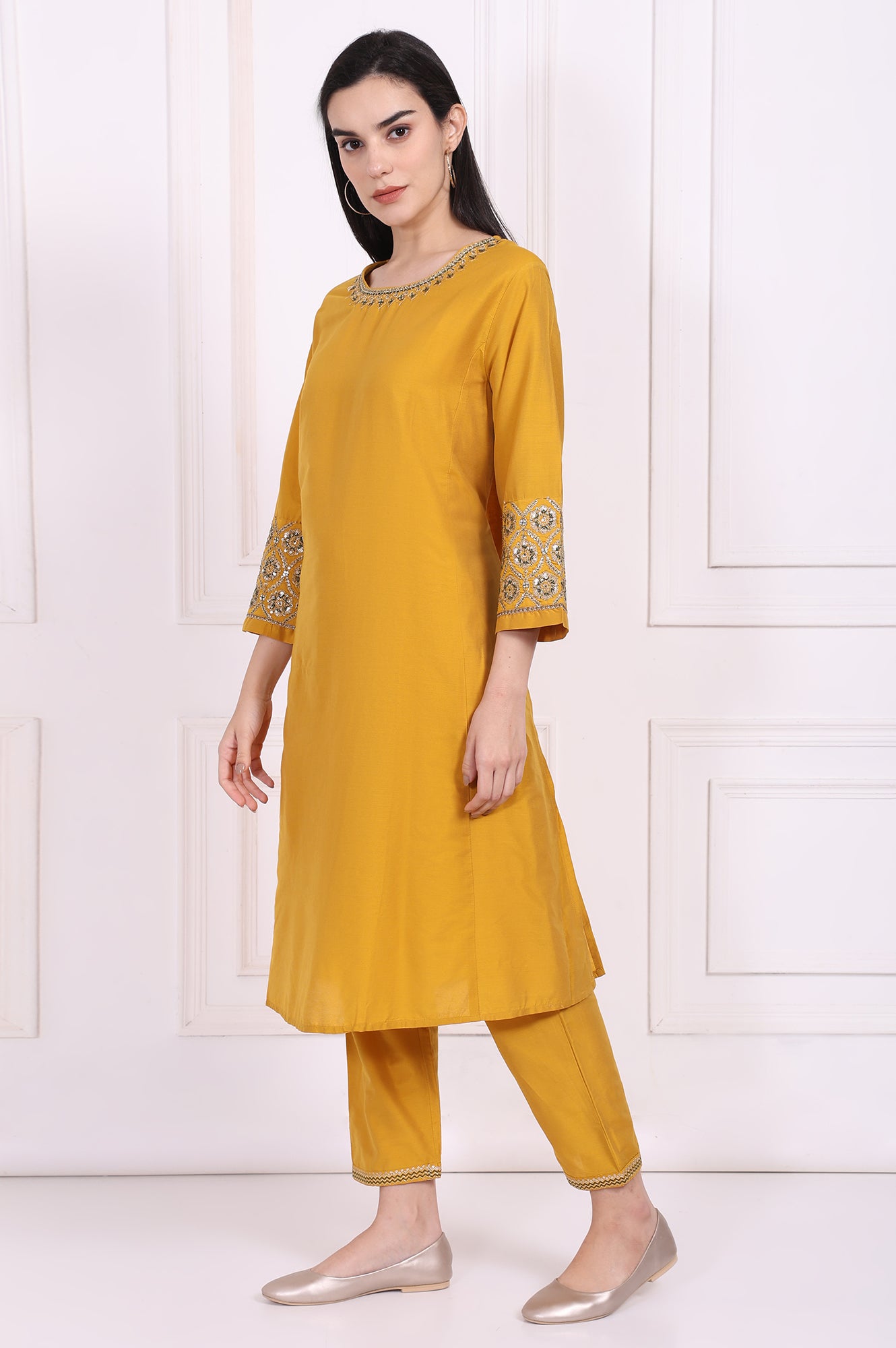 Yellow Embroidered A-Line Rayon Kurta with Straight Pant