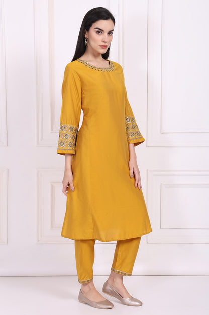 Yellow Embroidered A-Line Rayon Kurta with Straight Pant