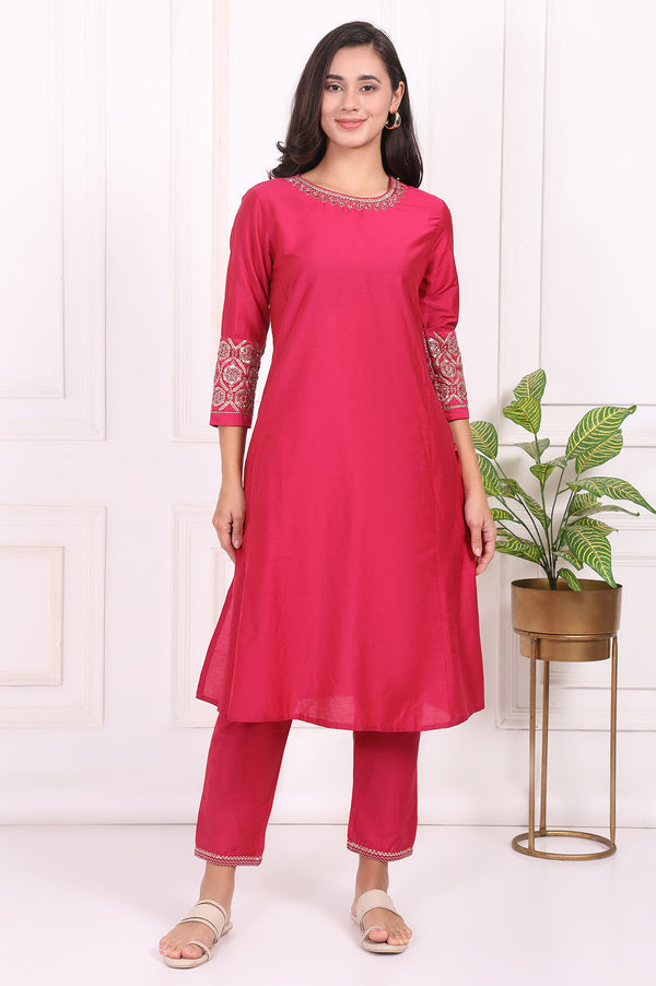 Pink Solid Embroidered Straight Kurta and Straight Pants Set