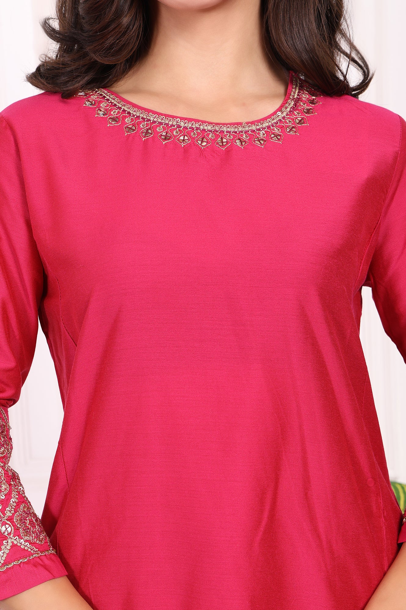 Pink Solid Embroidered Straight Kurta and Straight Pants Set