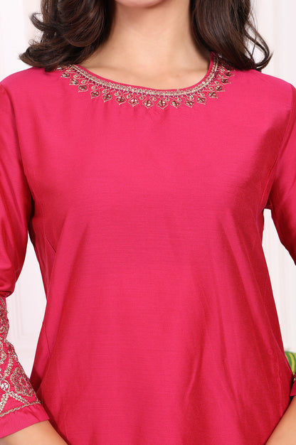 Pink Solid Embroidered Straight Kurta and Straight Pants Set