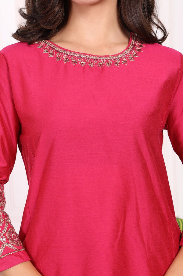 Pink Solid Embroidered Straight Kurta and Straight Pants Set