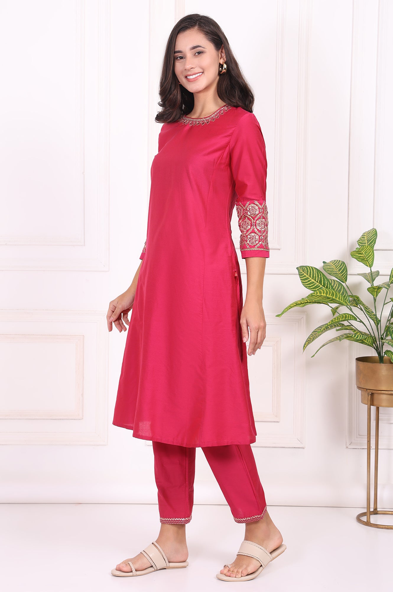 Pink Solid Embroidered Straight Kurta and Straight Pants Set