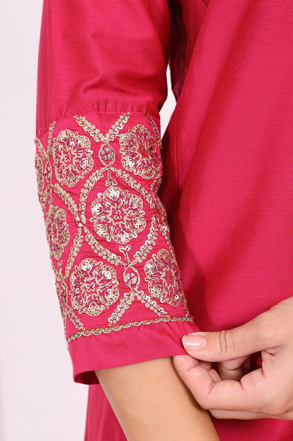 Pink Solid Embroidered Straight Kurta and Straight Pants Set