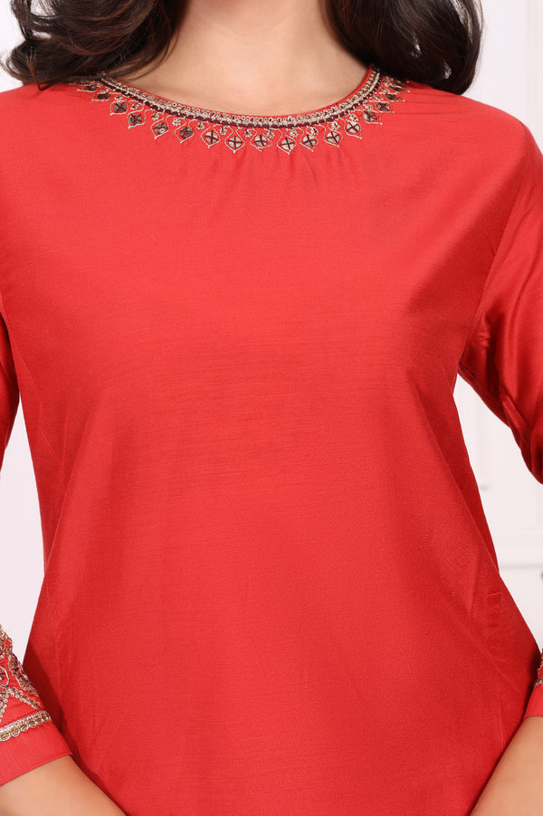 Red Solid Embroidered Straight Kurta and Straight Pants Set