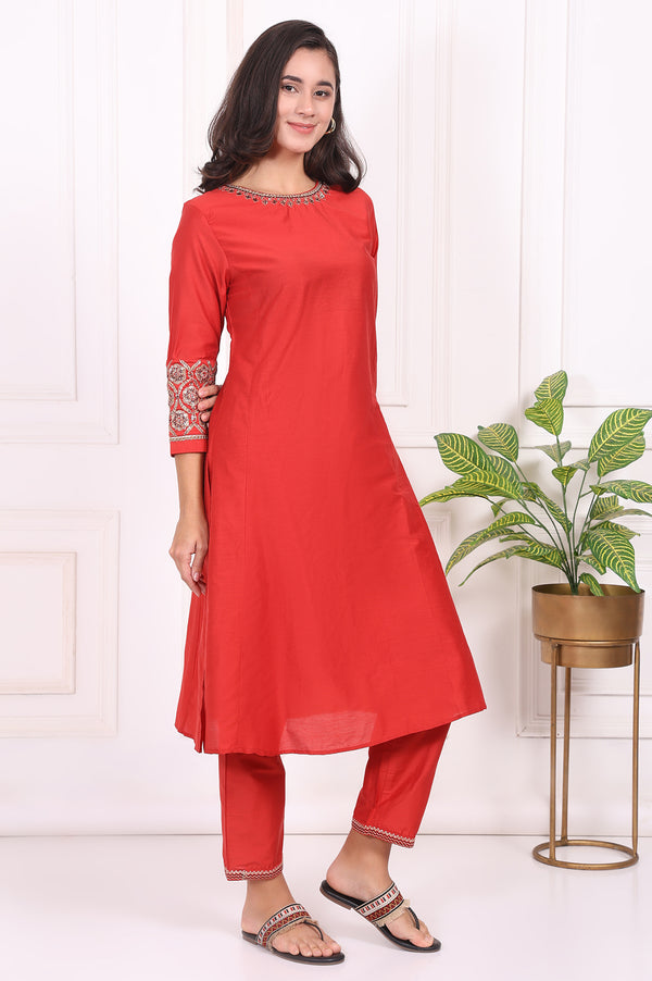 Red Solid Embroidered Straight Kurta and Straight Pants Set