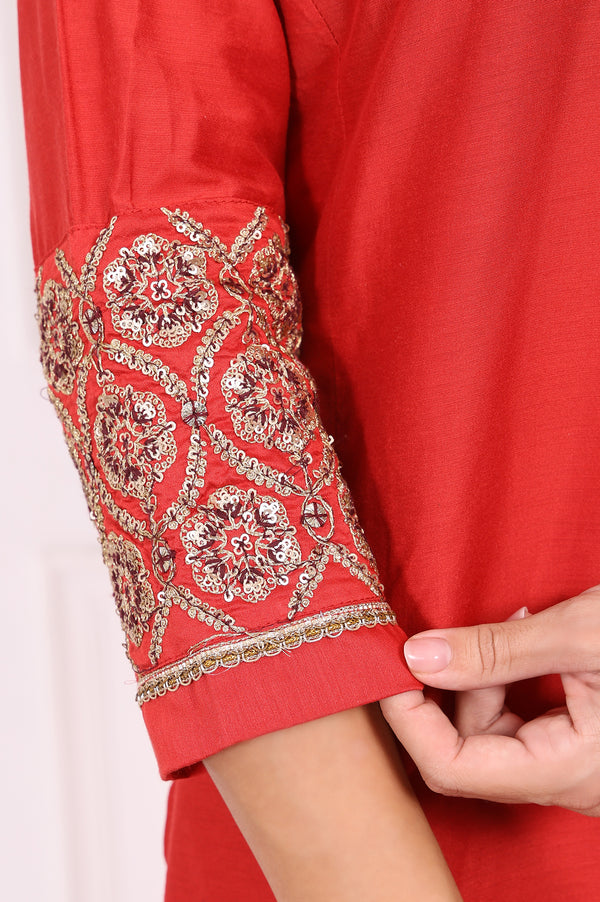 Red Solid Embroidered Straight Kurta and Straight Pants Set