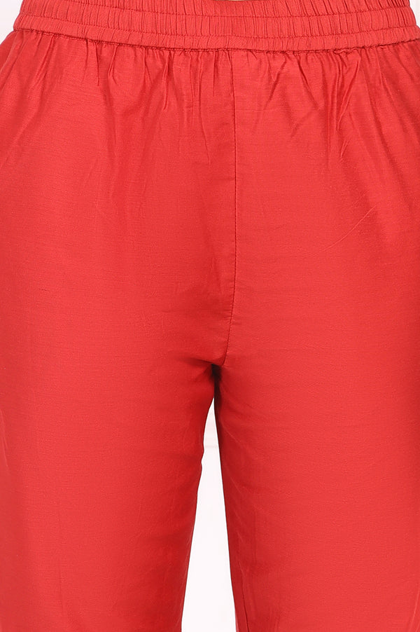 Red Solid Embroidered Straight Kurta and Straight Pants Set