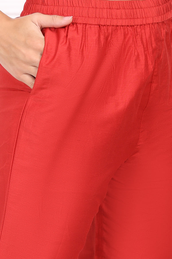 Red Solid Embroidered Straight Kurta and Straight Pants Set