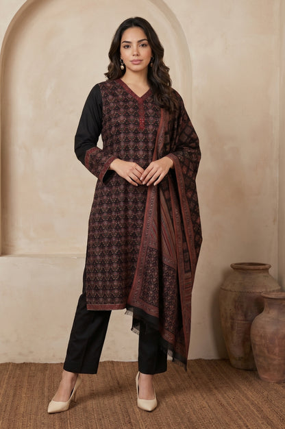 Black Yarn Dyed Cotton Blend Straight Winter Kurta with Pants and Dupatta Set