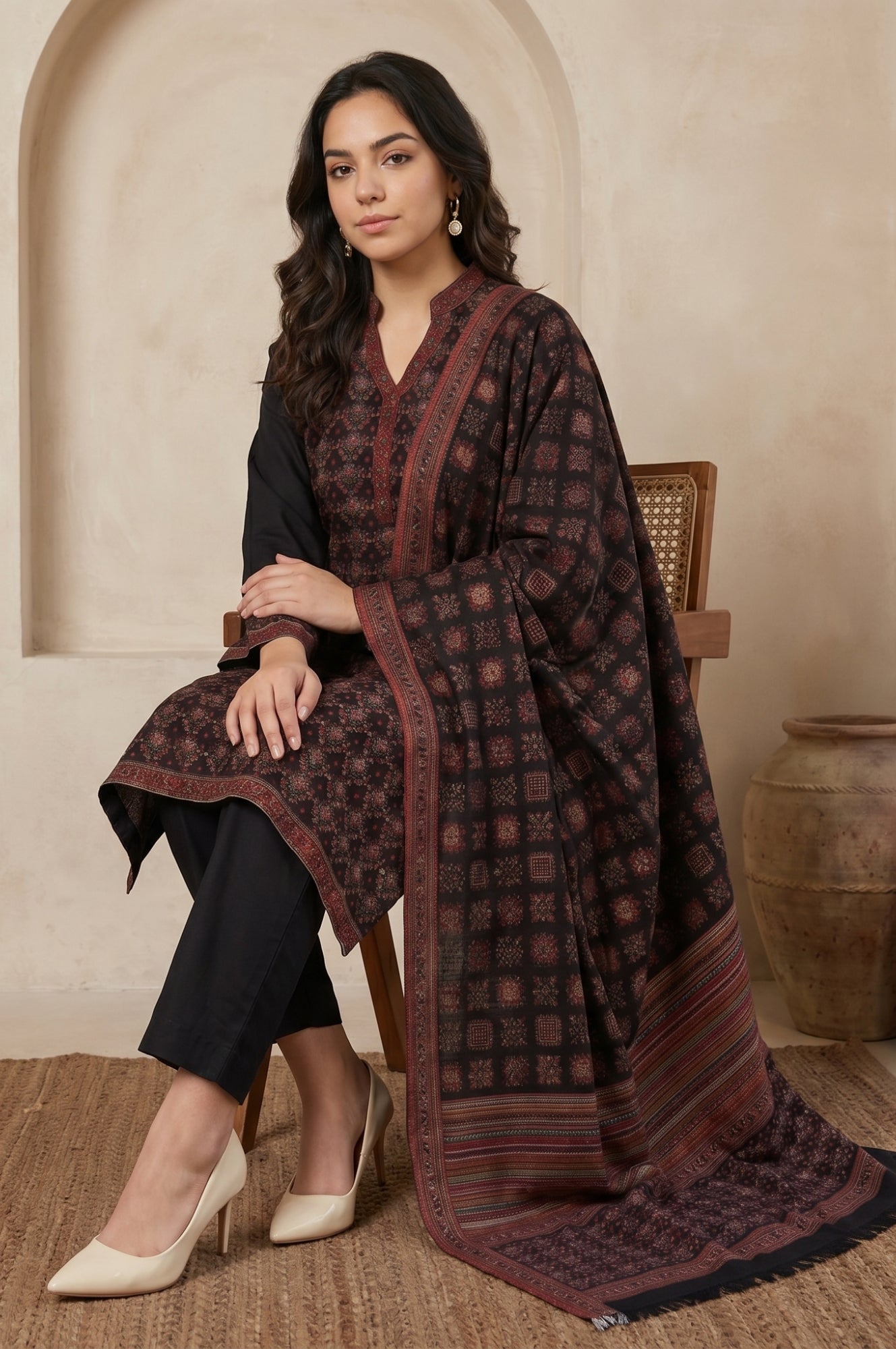 Black Yarn Dyed Cotton Blend Straight Winter Kurta with Pants and Dupatta Set