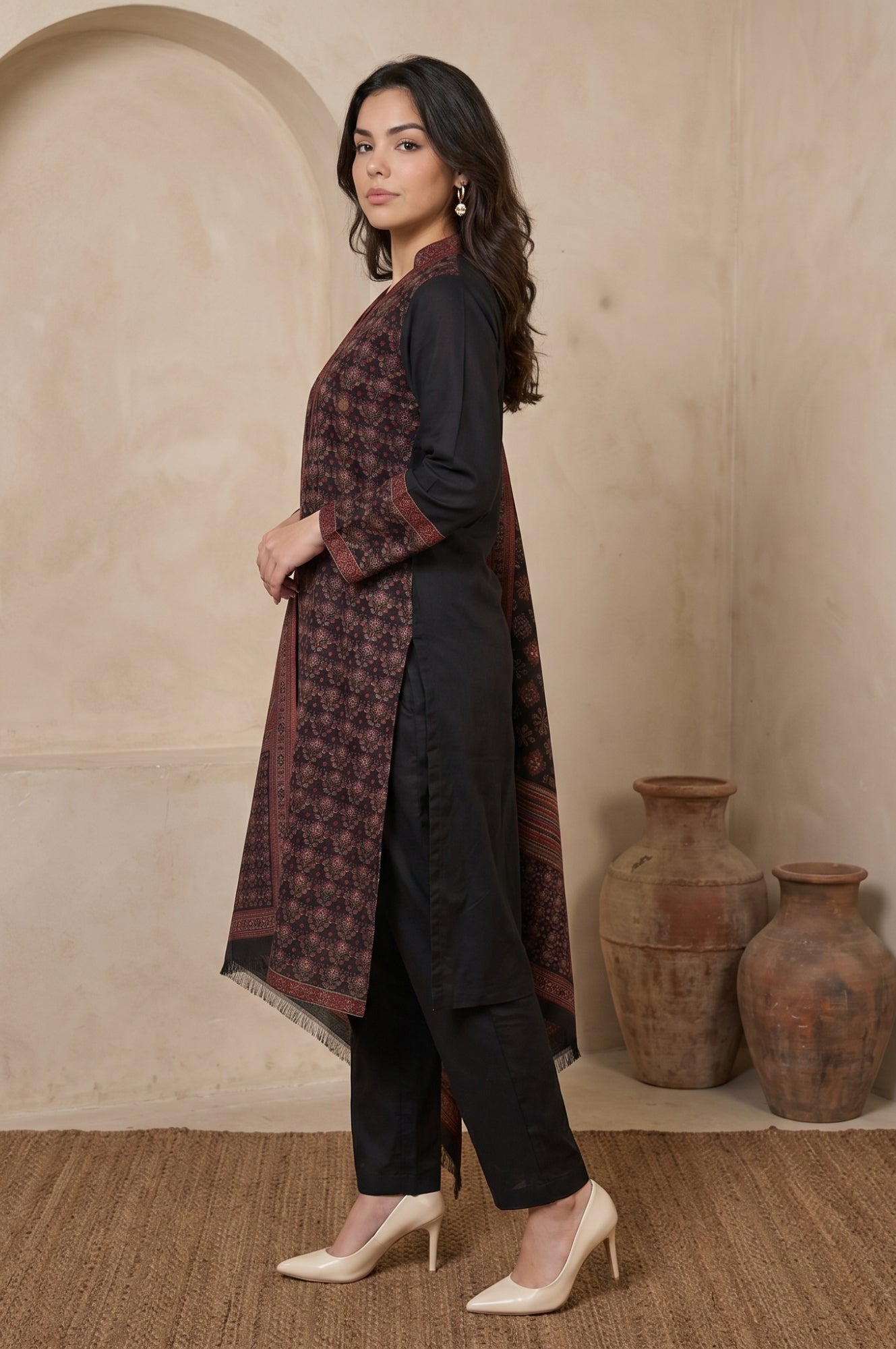 Black Yarn Dyed Cotton Blend Straight Winter Kurta with Pants and Dupatta Set