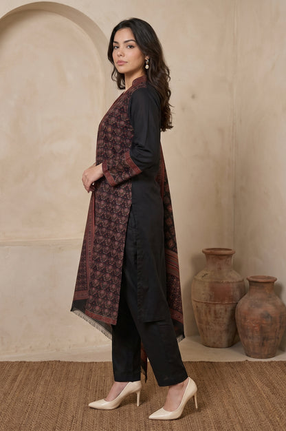 Black Yarn Dyed Cotton Blend Straight Winter Kurta with Pants and Dupatta Set
