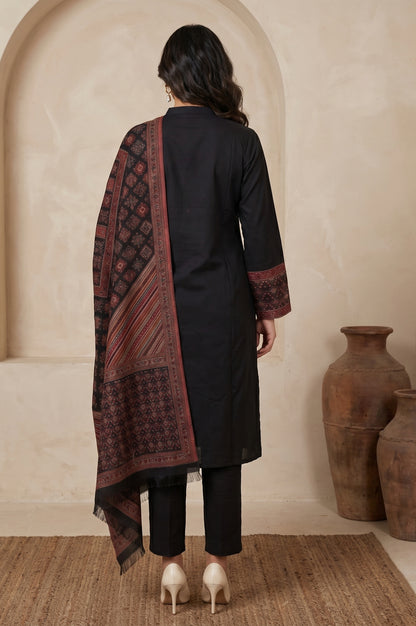 Black Yarn Dyed Cotton Blend Straight Winter Kurta with Pants and Dupatta Set