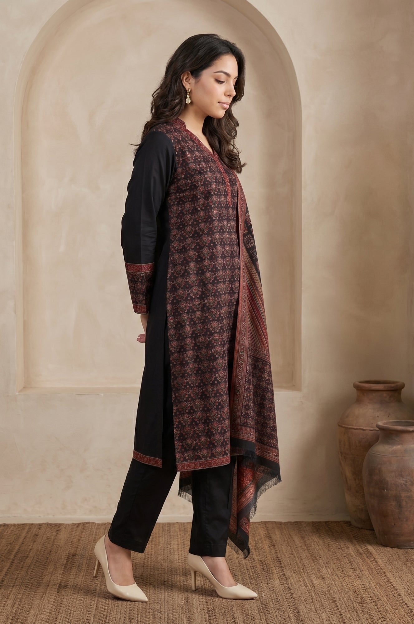 Black Yarn Dyed Cotton Blend Straight Winter Kurta with Pants and Dupatta Set