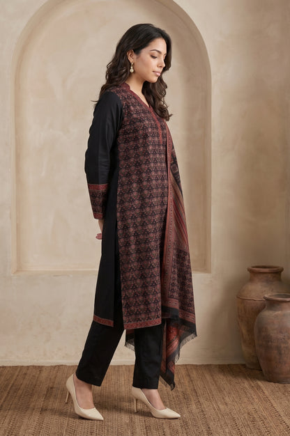 Black Yarn Dyed Cotton Blend Straight Winter Kurta with Pants and Dupatta Set