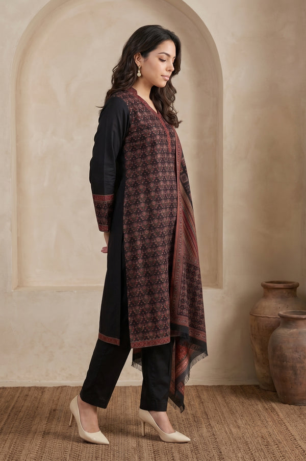 Black Yarn Dyed Cotton Blend Straight Winter Kurta with Pants and Dupatta Set