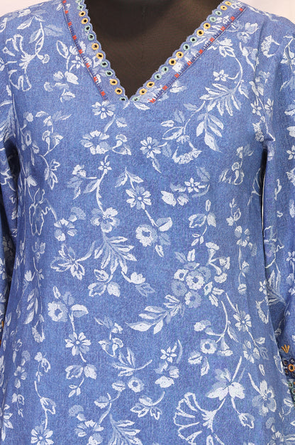 Blue Floral Printed Straight Kurta with Pants Set