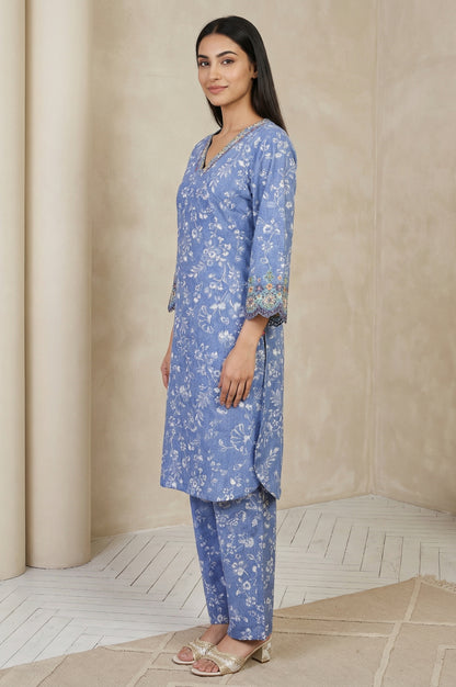 Blue Floral Printed Straight Kurta with Pants Set