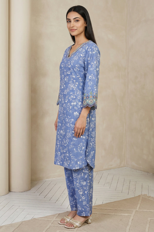 Blue Floral Printed Straight Kurta with Pants Set