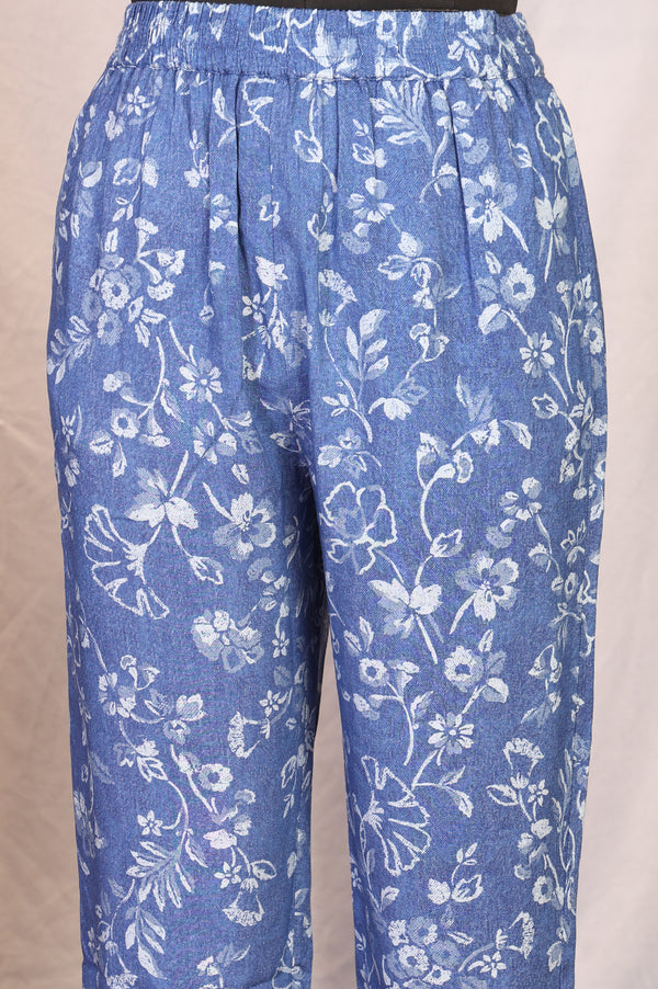 Blue Floral Printed Straight Kurta with Pants Set