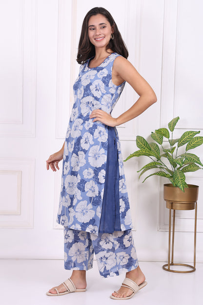 Blue Floral Printed Pure Cotton Straight Kurta and Flared Pants Co-ord Set