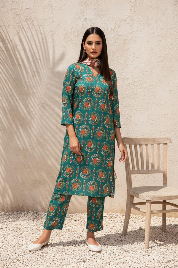 Green Floral Printed Straight Rayon Kurta with Trouser and Dupatta Set
