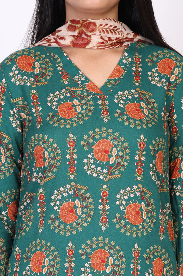 Green Floral Printed Straight Rayon Kurta with Trouser and Dupatta Set