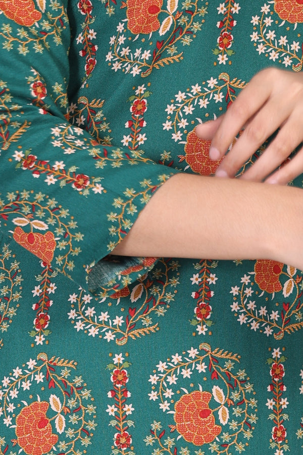 Green Floral Printed Straight Rayon Kurta with Trouser and Dupatta Set