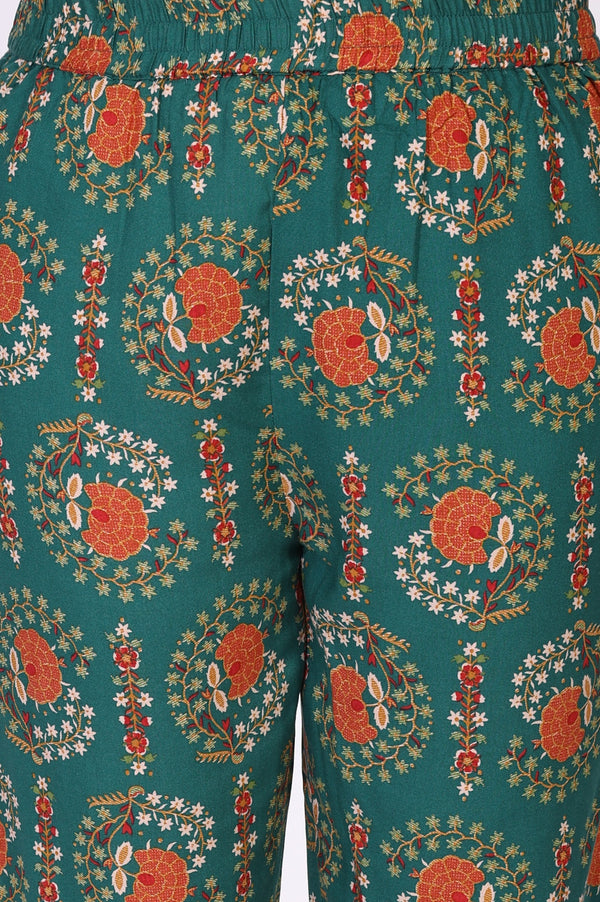 Green Floral Printed Straight Rayon Kurta with Trouser and Dupatta Set