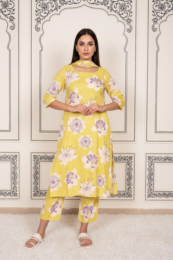 Yellow Floral Printed Straight Cotton Kurta with Straight Pant and Dupatta Set