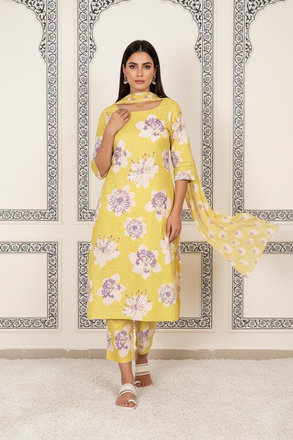 Yellow Floral Printed Straight Cotton Kurta with Straight Pant and Dupatta Set