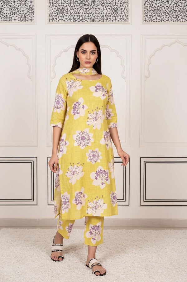 Yellow Floral Printed Straight Cotton Kurta with Straight Pant and Dupatta Set